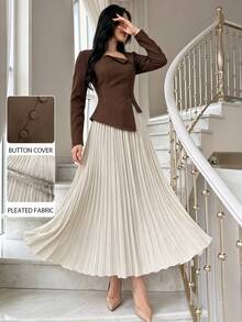 Modelyn Women's Woven Brown Long Sleeve Button-Up Asymmetrical Hem Fitted Romantic Pleated Skirt Outfit 2 Pieces Set For Casual, Office And Commute - Multicolor - View 4