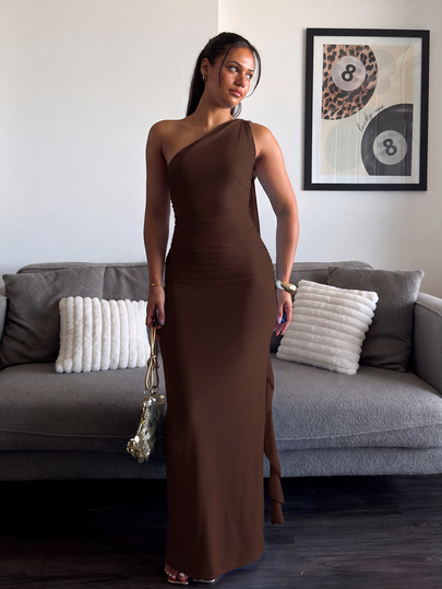 leahseptember Women's Elegant Dark Brown Autumn Dress,Asymmetric Ruffled Backless Long Netted Flounce Hem,Spring/Summer Beach Resort Vacation,Dining Party Outfits