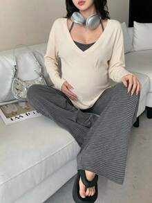 DAZY Contrast Stripe Spaghetti Strap Strap Straight Long Sleeve Loose Cover-Up Top Casual Daily Home Wear Spring Autumn 3 Pieces Set Maternity 2 Pieces Set - Grey - View 1