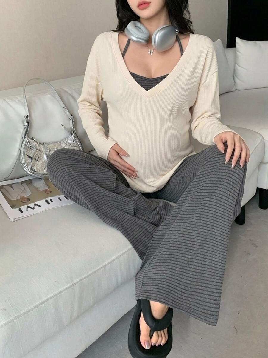 DAZY Contrast Stripe Spaghetti Strap Strap Straight Long Sleeve Loose Cover-Up Top Casual Daily Home Wear Spring Autumn 3 Pieces Set Maternity 2 Pieces Set - Grey - View 1