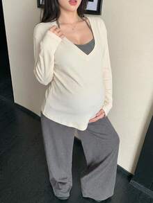 DAZY Contrast Stripe Spaghetti Strap Strap Straight Long Sleeve Loose Cover-Up Top Casual Daily Home Wear Spring Autumn 3 Pieces Set Maternity 2 Pieces Set - Grey - View 3