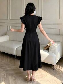 Celisse Women's Solid Color Pleated Elegant Waist-Cinching Mid-Length Party Dress - Black - View 2