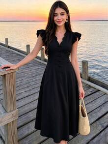 Celisse Women's Solid Color Pleated Elegant Waist-Cinching Mid-Length Party Dress - Black - View 4