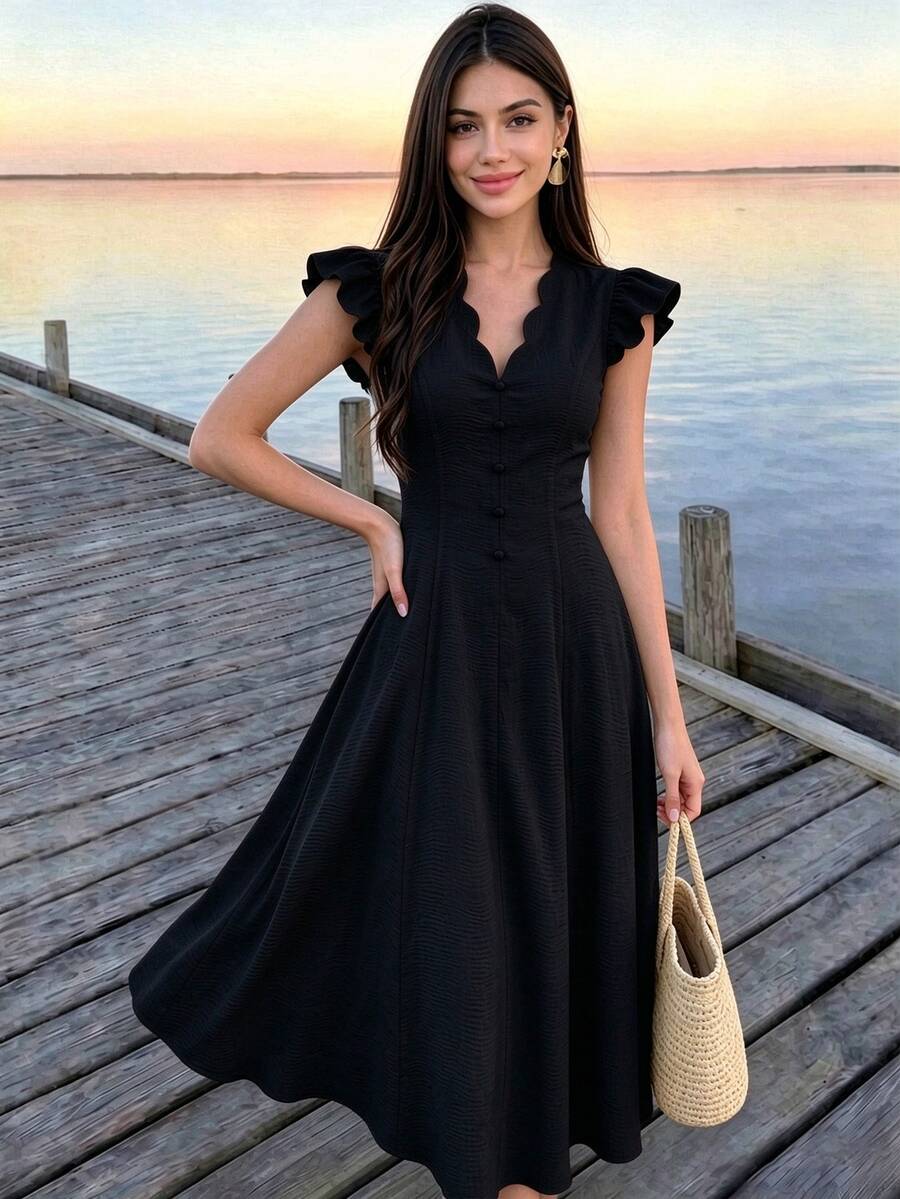 Celisse Women's Solid Color Pleated Elegant Waist-Cinching Mid-Length Party Dress - Black - View 1
