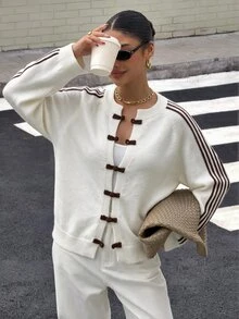 Selianne New Chinese Style Frog Button Sweater Casual Striped Round Neck Knit Cardigan For Women Fall Winter 2026 Christmas New Year Formal Elegant Country - White - View 1
