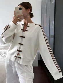 Selianne New Chinese Style Frog Button Sweater Casual Striped Round Neck Knit Cardigan For Women Fall Winter 2026 Christmas New Year Formal Elegant Country - White - View 6