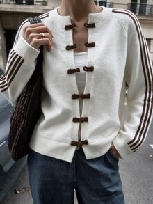 Selianne New Chinese Style Frog Button Sweater Casual Striped Round Neck Knit Cardigan For Women Fall Winter 2026 Christmas New Year Formal Elegant Country - White - View 5