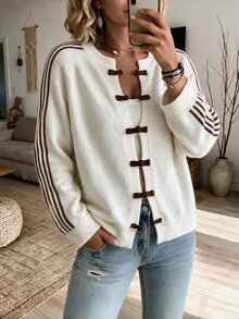 Selianne New Chinese Style Frog Button Sweater Casual Striped Round Neck Knit Cardigan For Women Fall Winter 2026 Christmas New Year Formal Elegant Country - White - View 8