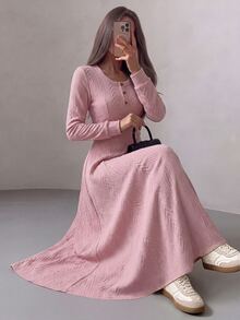 Modelyn Fall/ Textured Jacquard Long Sleeve Dress With Round Neck, 3 Buttons, Casual Romantic Loose Flare Hem Brunch Pink - Dusty Pink - View 2