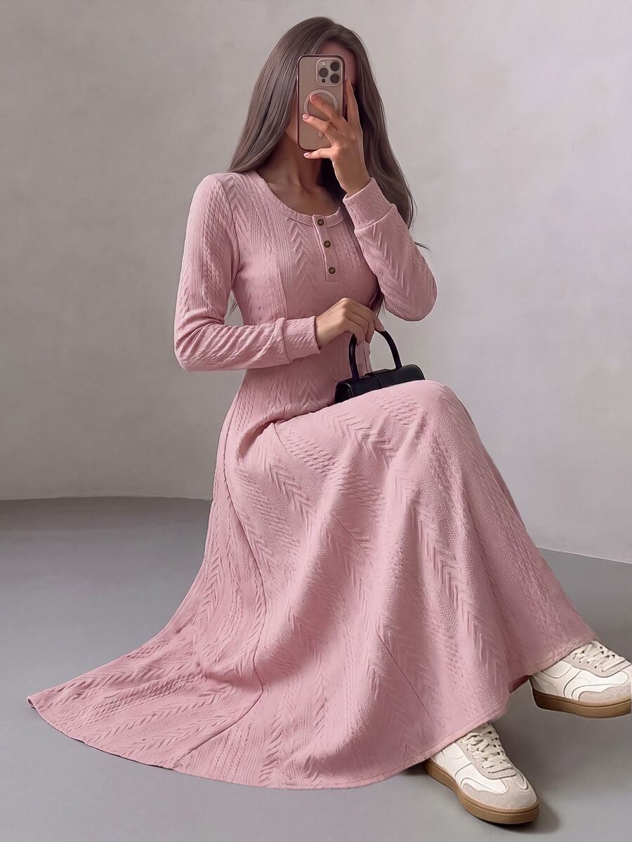 Modelyn Fall/ Textured Jacquard Long Sleeve Dress With Round Neck, 3 Buttons, Casual Romantic Loose Flare Hem Brunch Pink
