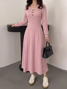 Modelyn Fall/ Textured Jacquard Long Sleeve Dress With Round Neck, 3 Buttons, Casual Romantic Loose Flare Hem Brunch Pink - Dusty Pink - View 9