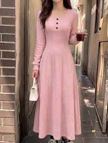 Modelyn Fall/ Textured Jacquard Long Sleeve Dress With Round Neck, 3 Buttons, Casual Romantic Loose Flare Hem Brunch Pink - Dusty Pink - View 5