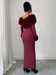 Modelyn 女士优雅露肩拼接仿毛领长裙，冬季 - 酒紅色 - 查看 3