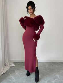 Modelyn 女士优雅露肩拼接仿毛领长裙，冬季 - 酒紅色 - 查看 7