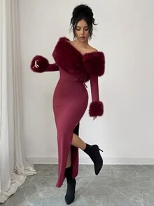 Modelyn 女士优雅露肩拼接仿毛领长裙，冬季 - 酒紅色 - 查看 5