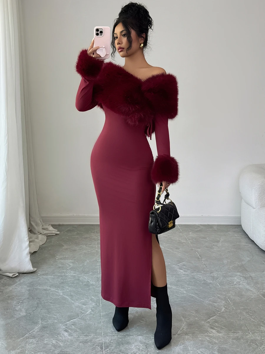 Modelyn 女士优雅露肩拼接仿毛领长裙,冬季 - 酒紅色 - 查看 1