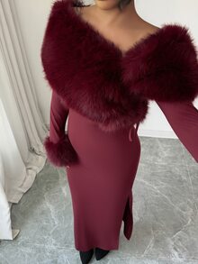 Modelyn 女士优雅露肩拼接仿毛领长裙，冬季 - 酒紅色 - 查看 2