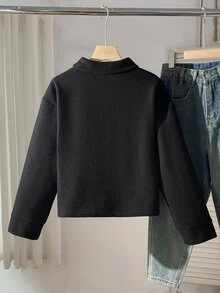 SHEIN Sparklyn 青少年女孩休閒可愛街頭風寬鬆百搭黑白對比飾邊翻領大口袋秋季羊毛外套 - 黑色 - 查看 3