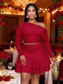 SOLERSUN 大码女式时尚通勤纯色优雅日常派对弹力针织不对称领口长袖上衣和双层荷叶边下摆半身裙套装，适合各种场合 - 紅色 - 查看 3