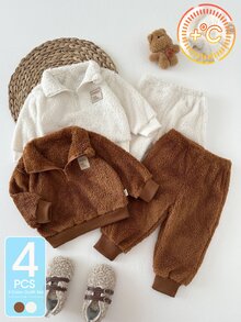 SHEIN 4件組幼兒男孩運動衫長褲套裝，可愛棕色與白色半拉鍊毛茸茸抓絨長袖立領加厚毛絨款，寬鬆拉繩設計，適合戶外冬季秋季聖誕穿著 - 棕色 - 查看 3