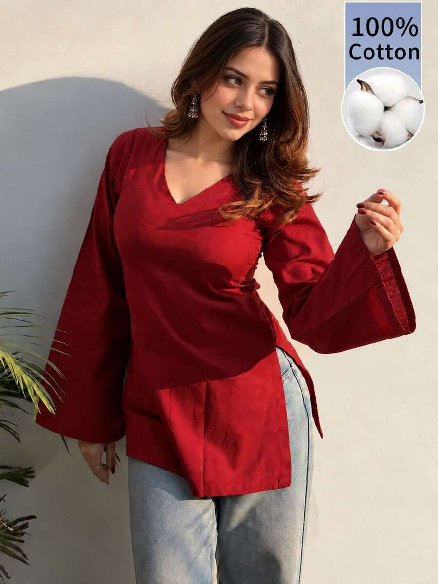 Bytebia Bytebia Women's V-Neck Leaf Print Casual Versatile Top - Red - View 1