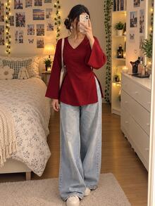 Bytebia Bytebia Women's V-Neck Leaf Print Casual Versatile Top - Red - View 5