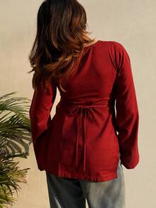 Bytebia Bytebia Women's V-Neck Leaf Print Casual Versatile Top - Red - View 2
