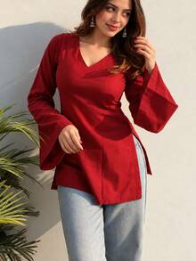 Bytebia Bytebia Women's V-Neck Leaf Print Casual Versatile Top - Red - View 3