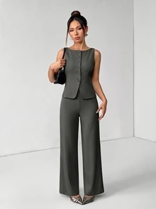SHEIN PETITE 女款卡其色夏季優雅休閒辦公商務西裝套裝，純色圓領單排扣背心與長褲兩件套，教師節適用 - 深灰色 - 查看 3
