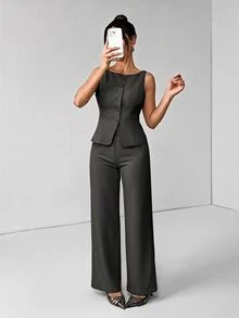 SHEIN PETITE 女款卡其色夏季優雅休閒辦公商務西裝套裝，純色圓領單排扣背心與長褲兩件套，教師節適用 - 深灰色 - 查看 1