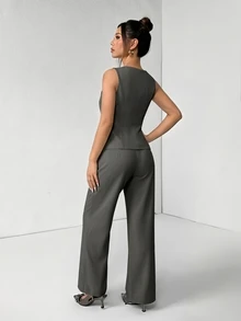 SHEIN PETITE 女款卡其色夏季優雅休閒辦公商務西裝套裝，純色圓領單排扣背心與長褲兩件套，教師節適用 - 深灰色 - 查看 2