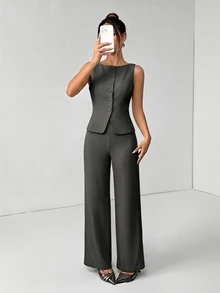 SHEIN PETITE 女款卡其色夏季優雅休閒辦公商務西裝套裝，純色圓領單排扣背心與長褲兩件套，教師節適用 - 深灰色 - 查看 5