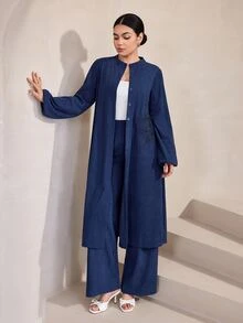 Graceveil Minimalist Modest Chinese Style Stand Collar Button-Front Long Top Wide Leg Pants 2 Pieces Set, Arabic Casual Outfit Ninang Wedding Vacation Fall - Royal Blue - View 6