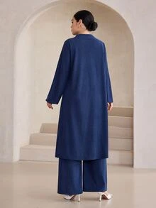 Graceveil Minimalist Modest Chinese Style Stand Collar Button-Front Long Top Wide Leg Pants 2 Pieces Set, Arabic Casual Outfit Ninang Wedding Vacation Fall - Royal Blue - View 5