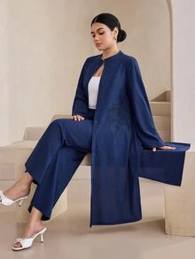 Graceveil Minimalist Modest Chinese Style Stand Collar Button-Front Long Top Wide Leg Pants 2 Pieces Set, Arabic Casual Outfit Ninang Wedding Vacation Fall - Royal Blue - View 3