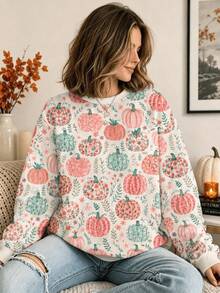SHEIN LUNE 女款萬聖節南瓜圖案長袖圓領套頭運動衫，秋冬日休假度假休閒可愛風 - 彩色 - 查看 3
