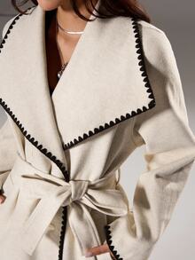 TRNVIE 1pc Women's Contrast Trim Collar Belted Long Casual/Office Coat, Apricot - Apricot - View 7