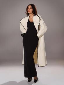 TRNVIE 1pc Women's Contrast Trim Collar Belted Long Casual/Office Coat, Apricot - Apricot - View 6