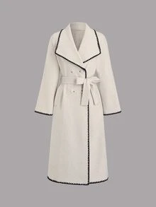 TRNVIE 1pc Women's Contrast Trim Collar Belted Long Casual/Office Coat, Apricot - Apricot - View 5