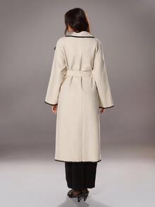 TRNVIE 1pc Women's Contrast Trim Collar Belted Long Casual/Office Coat, Apricot - Apricot - View 2