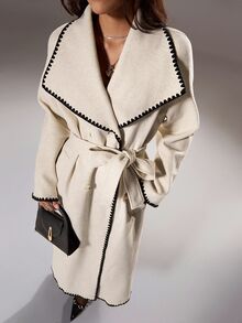 TRNVIE 1pc Women's Contrast Trim Collar Belted Long Casual/Office Coat, Apricot - Apricot - View 3