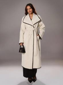TRNVIE 1pc Women's Contrast Trim Collar Belted Long Casual/Office Coat, Apricot - Apricot - View 1