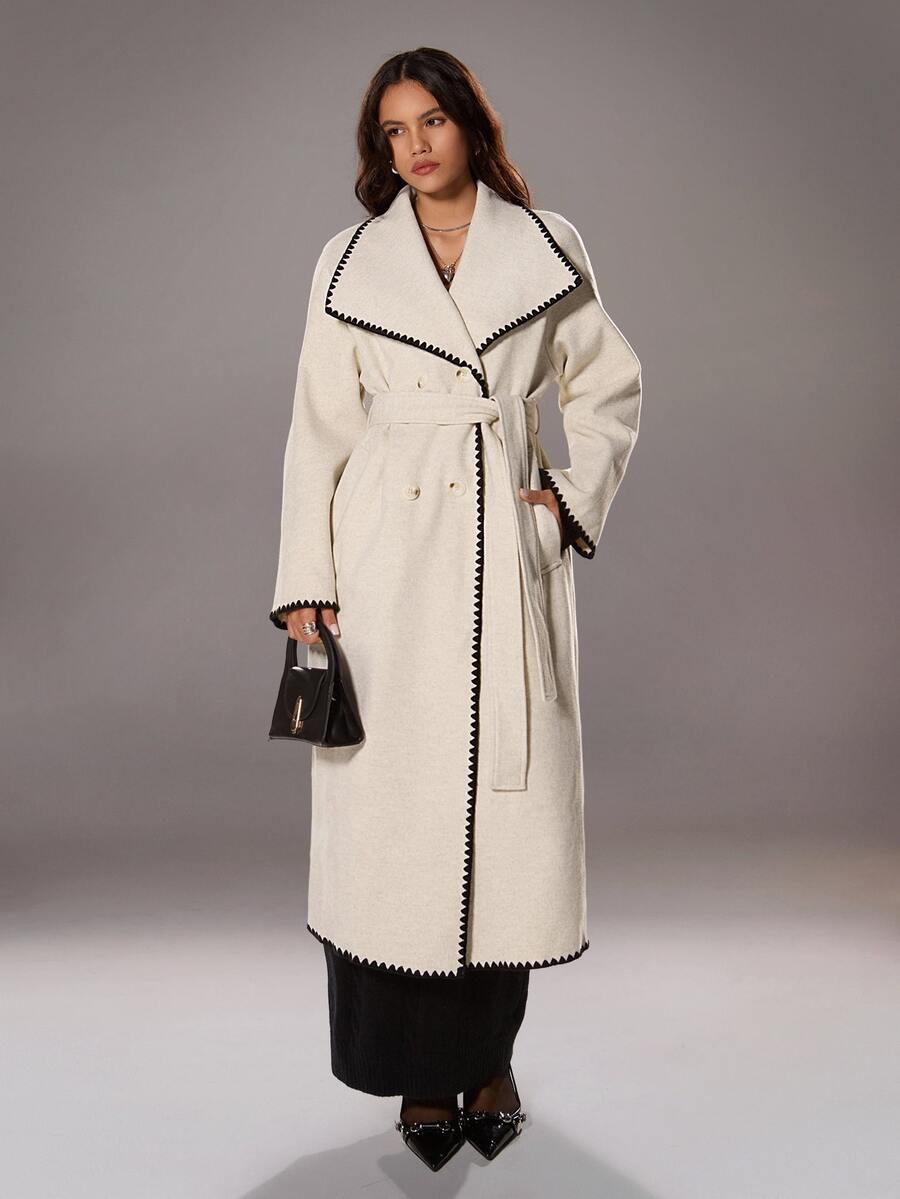 TRNVIE 1pc Women's Contrast Trim Collar Belted Long Casual/Office Coat, Apricot - Apricot - View 1