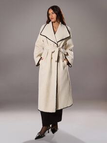 TRNVIE 1pc Women's Contrast Trim Collar Belted Long Casual/Office Coat, Apricot - Apricot - View 4