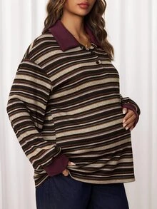 SHEIN Maternity Casual Button Half-Placket Striped Colorblock T-Shirt Fall - Multicolor - View 4