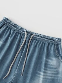 Resyla Bộ áo thun và quần short nữ mùa hè phong cách thường ngày, họa tiết kẻ sọc phối patchwork in hiệu ứng denim - Nhiều màu - Xem 5