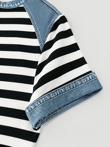 Resyla Bộ áo thun và quần short nữ mùa hè phong cách thường ngày, họa tiết kẻ sọc phối patchwork in hiệu ứng denim - Nhiều màu - Xem 3