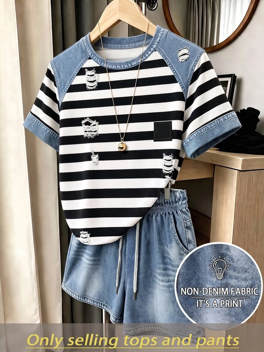 Resyla Bộ áo thun và quần short nữ mùa hè phong cách thường ngày, họa tiết kẻ sọc phối patchwork in hiệu ứng denim - Nhiều màu - Xem 1