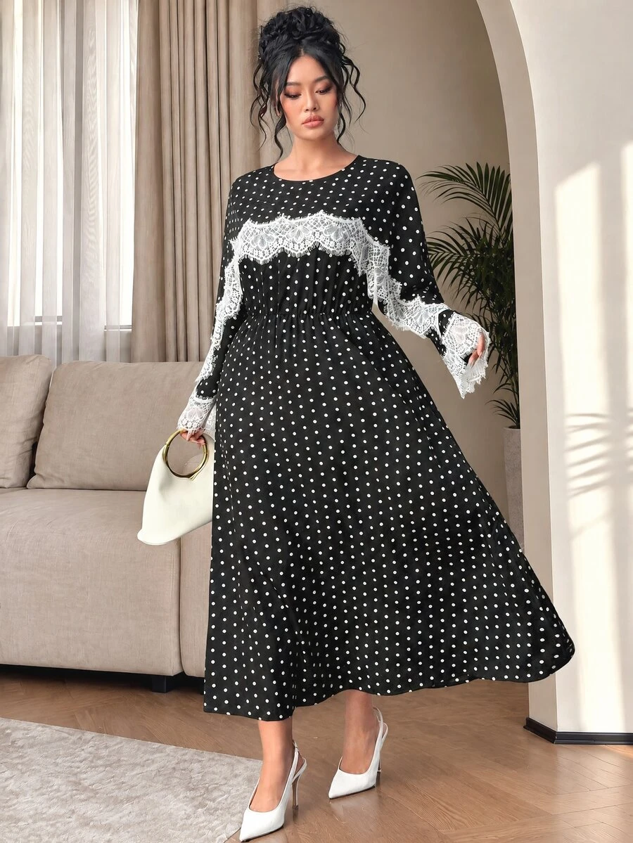 Elenzga Plus Size Polka Dot Lace Patchwork Vintage Romantic Long Sleeve Dress Fall - Black and White - View 1