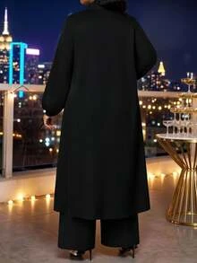 SHEIN Lady 大尺碼女款網格拼接休閒長袖上衣與長褲兩件套 秋季 - 黑色 - 查看 2